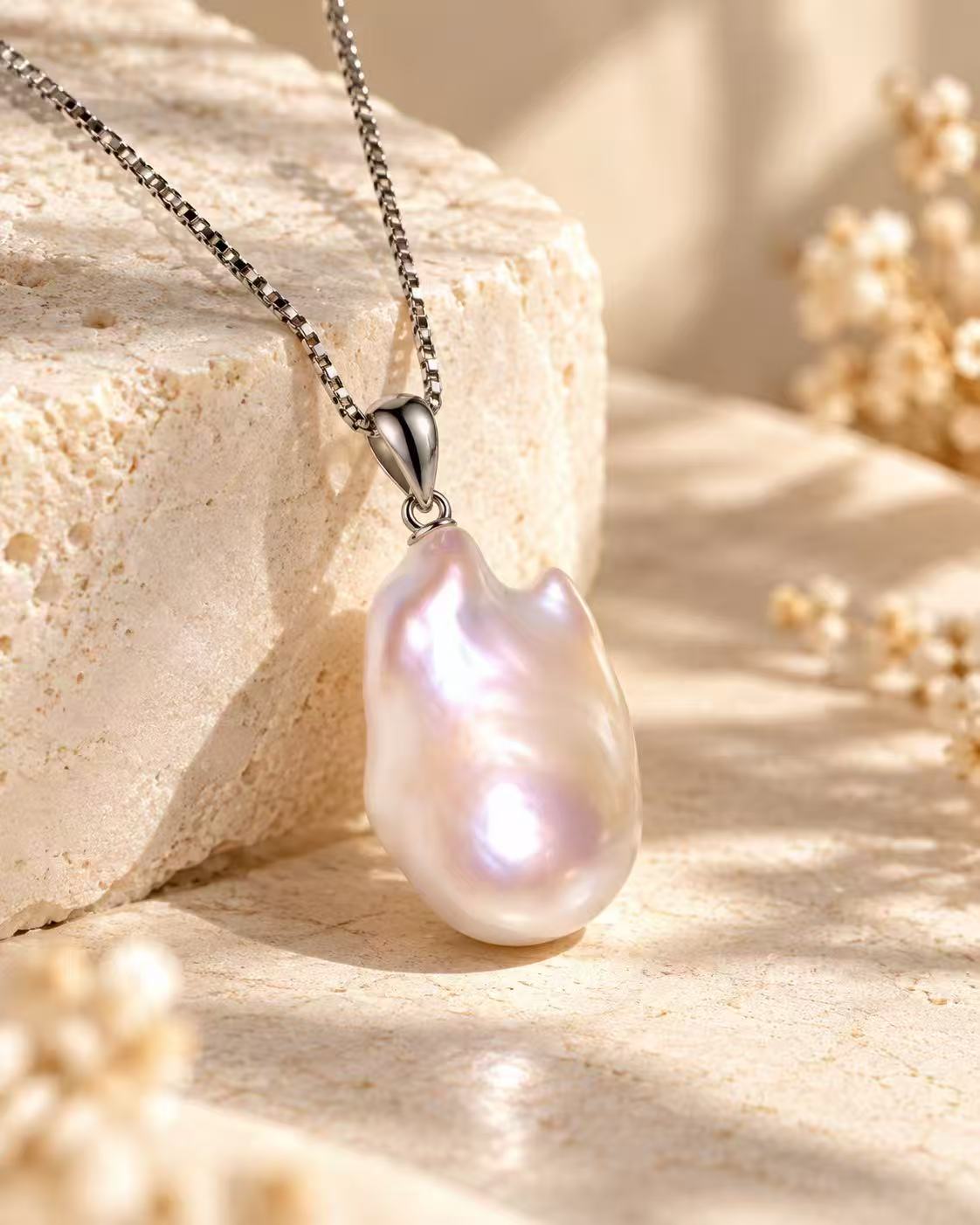 Creamy white irregular baroque freshwater pearl pendant with an 18K white gold cap