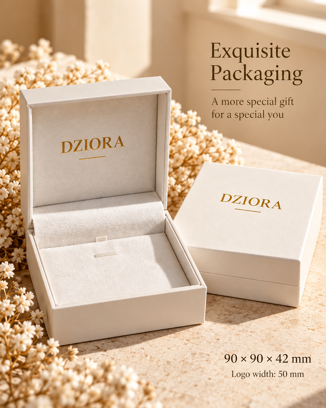 Ivory DZIORA jewelry presentation boxes with gold branding