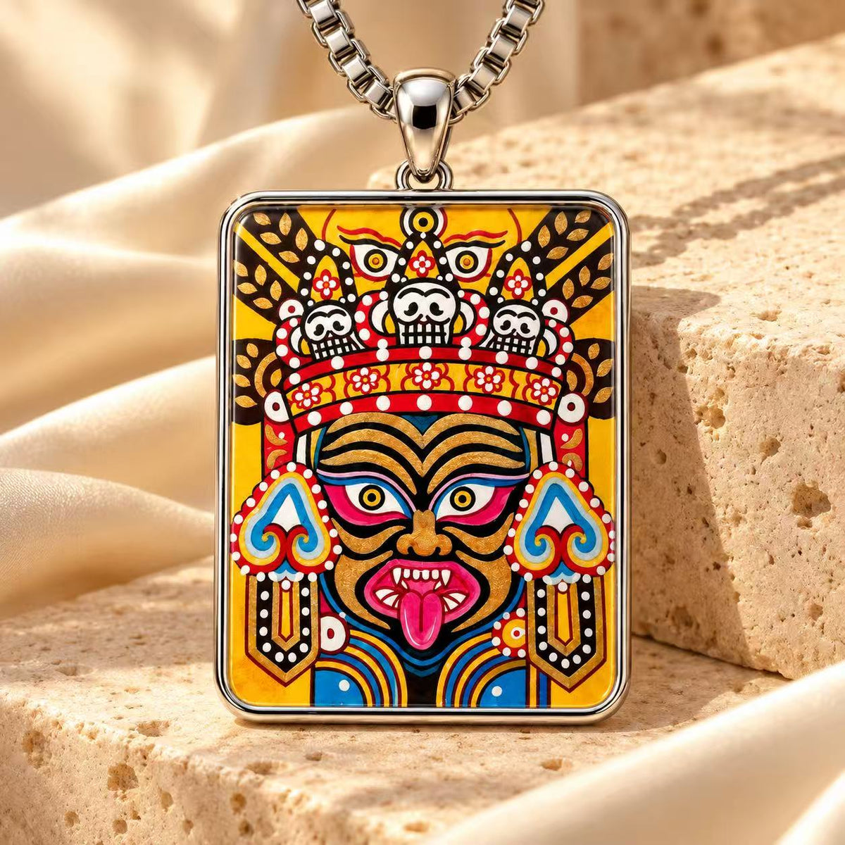 DZIORA hand-painted colorful mask figure on a yellow background in a smooth silver gawu frame