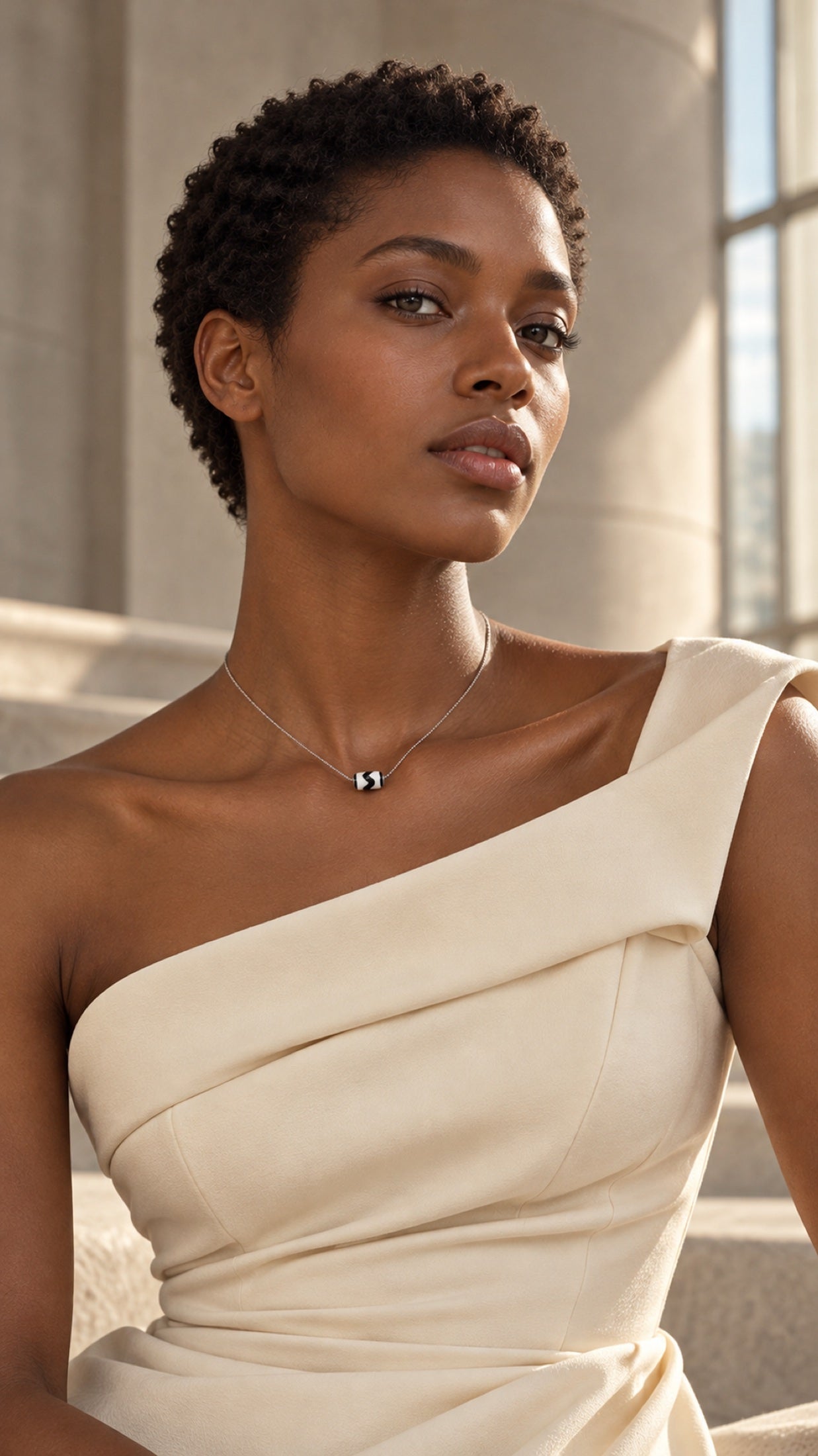 Model in an ivory asymmetric dress wearing the Tiger Tooth Dzi necklace
