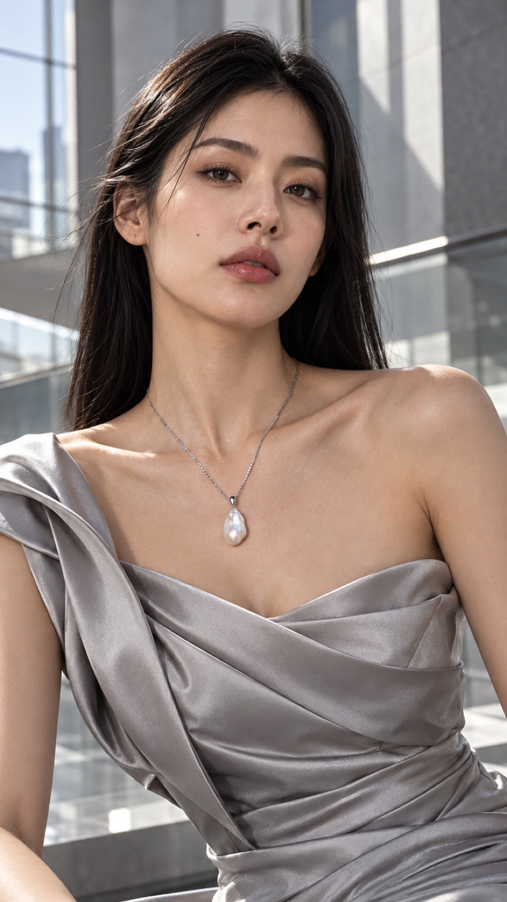 Model in a silver draped dress wearing a baroque pearl necklace