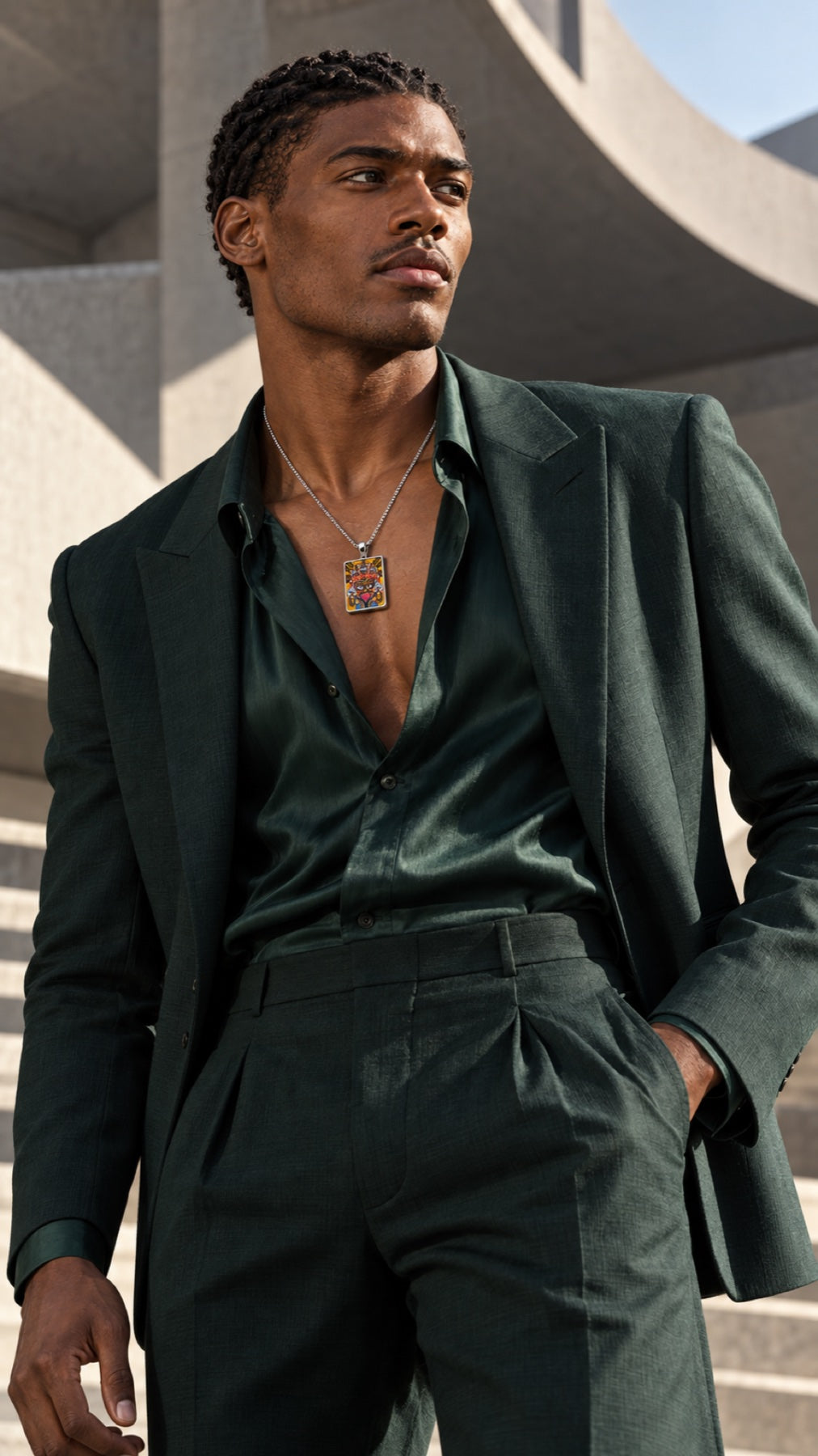 Male model in a deep green suit wearing a hand-painted Thangka Gawu necklace